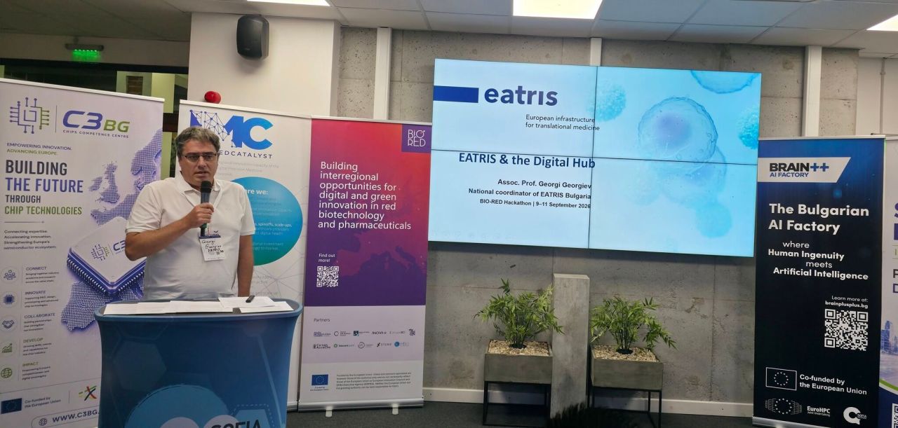 EATRIS Bulgaria National Coordinator presenting the EATRIS Digital Hub at the BIO-RED Cross-Regional Hackathon in Sofia, September 2026